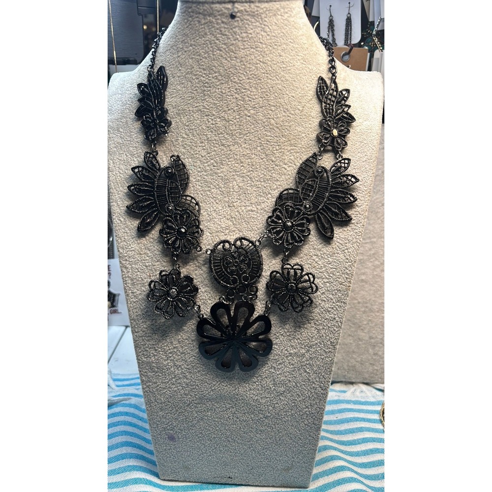 #2. Vintage Black Filigree Floral Statement Bib Necklace Goth Lace